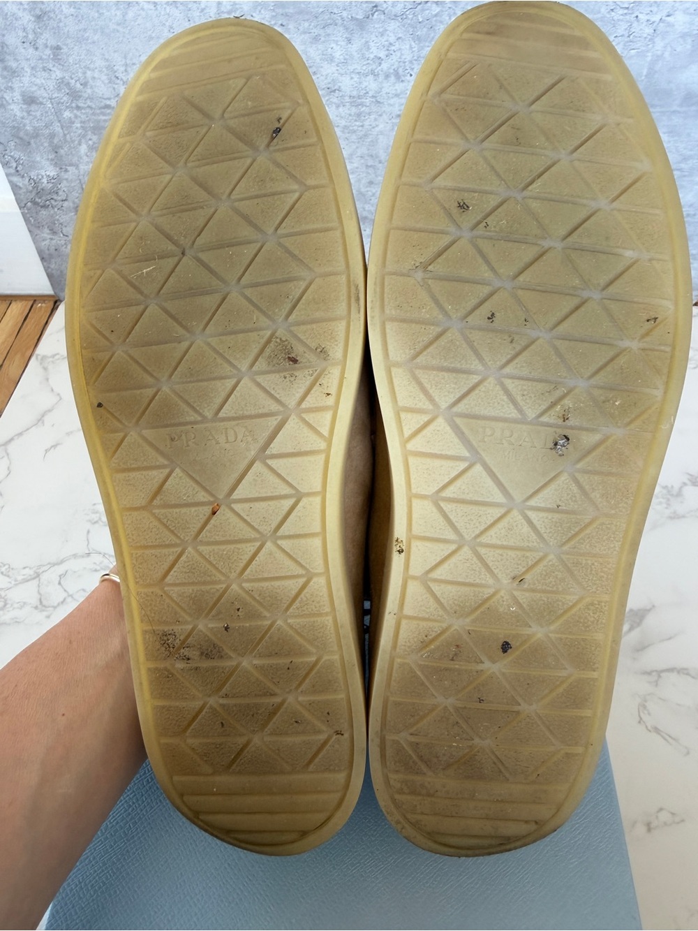 Prada Women’s Beige Suede Penny Loafers with Silver Logo - Picture 3 of 4